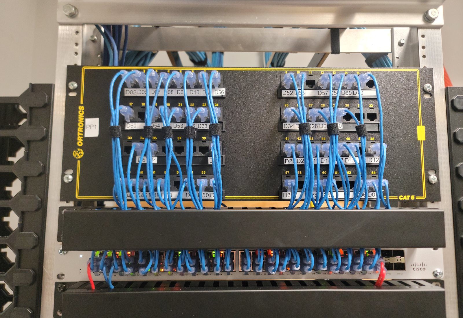 Commercial rack with neatly combed blue patch cords
