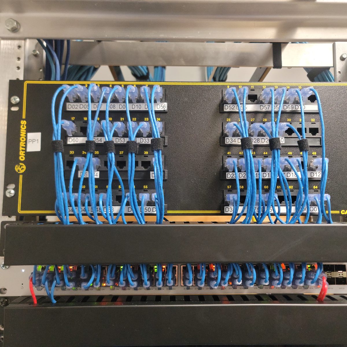 Rack patch panel with neatly combed blue patch cords